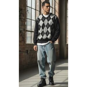 H&M L.O.G.G Vintage Argyle Sweater Mens Large Black Gray V Neck Cotton Pullover